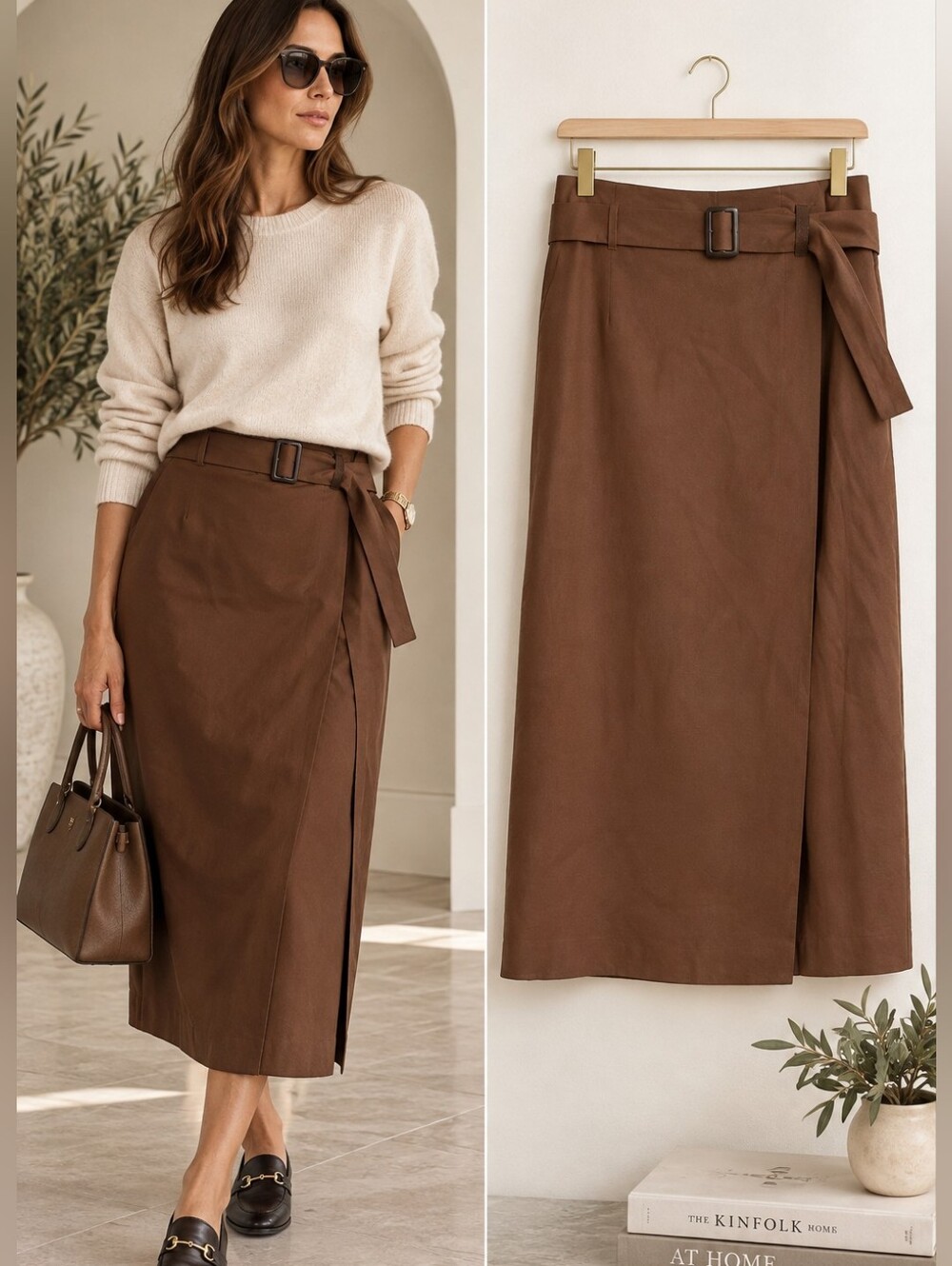 Brunello Cucinelli Made in Italy Brown Wrap Midi Skirt Linen Tencel